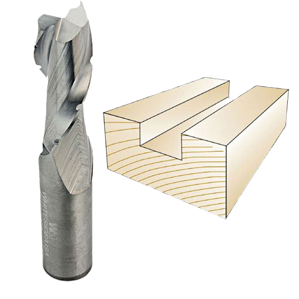 Spiral upcut router bit with chip breaker next to wood block showing deep clean groove cut for woodworking tools and home improvement