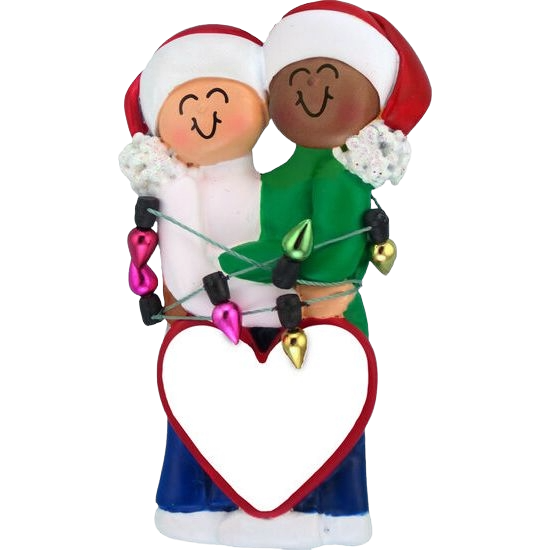 Personalized interracial couple ornament in Santa hats holding heart and colorful Christmas lights under $50 decoration