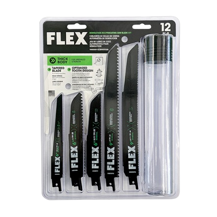 Set of five black FLEX demolition saw blades with varied tooth patterns and sizes for tools and home improvement projects