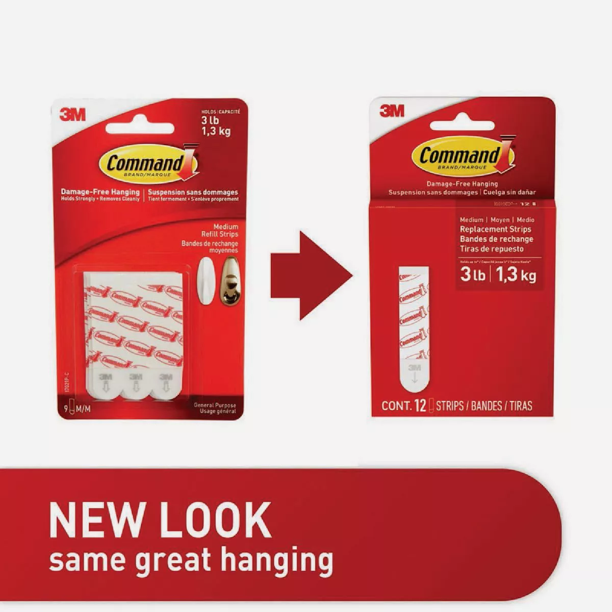 Comparison of old and new packaging for 3M Command medium white adhesive strips in hardware and fasteners collection