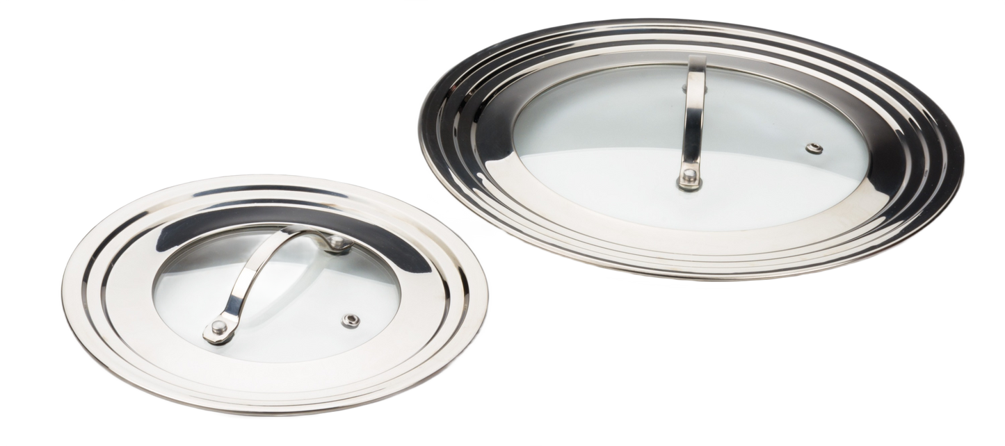 Two stainless steel cookware lids with tempered glass inserts for Kitchenware and cooking accessories under $50