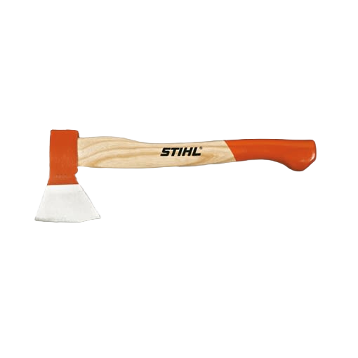 Compact woodcutter hatchet with wooden handle and orange-gray steel head for outdoor and home improvement use