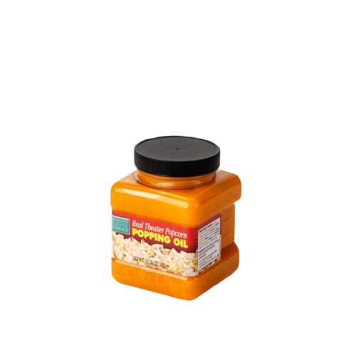 Square container of orange popping oil with black lid and popcorn image from Chips & Snacks and Oil & Vinegars collections