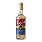 Clear glass bottle of Torani vanilla syrup with gold cap and red and blue label for beverage flavoring