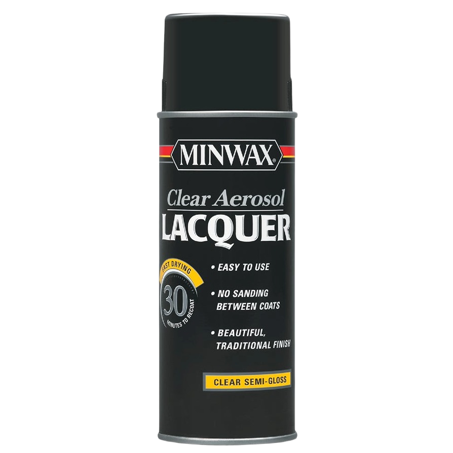 Minwax clear semi-gloss spray lacquer can for durable wood finish in Stains and Sealers collection under $50