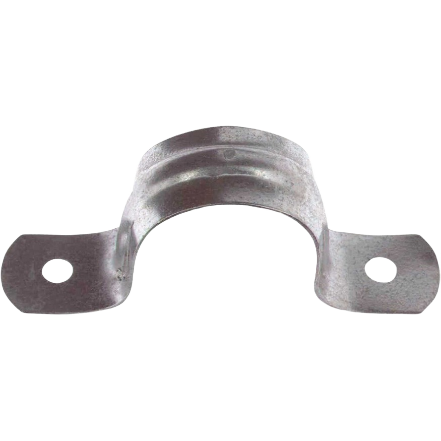 Galvanized metal conduit strap with two mounting holes for securing electrical conduit in home improvement projects