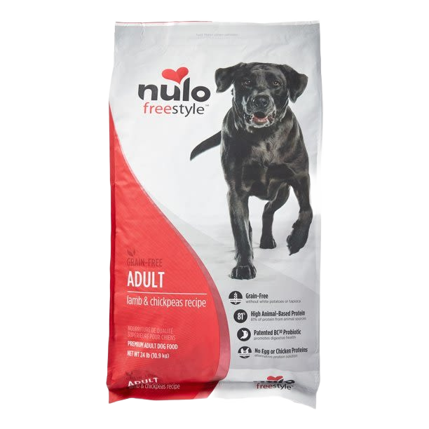 24 lb bag of Nulo Freestyle adult dry dog food with lamb and chickpeas, grain-free pet food under $100 collection