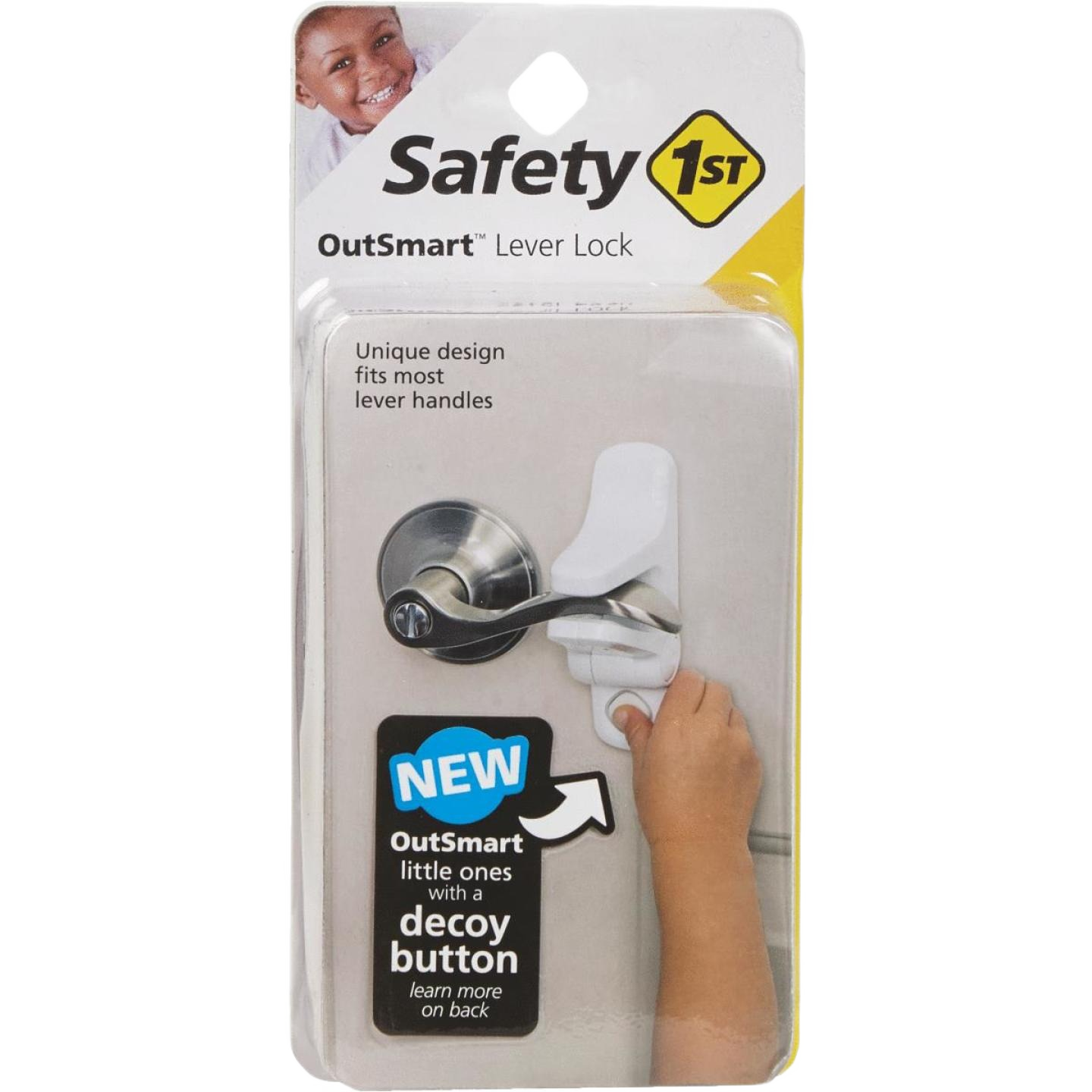 Child safety lever lock in white for lever handles to prevent door access, ideal for hardware and home improvement needs under $50