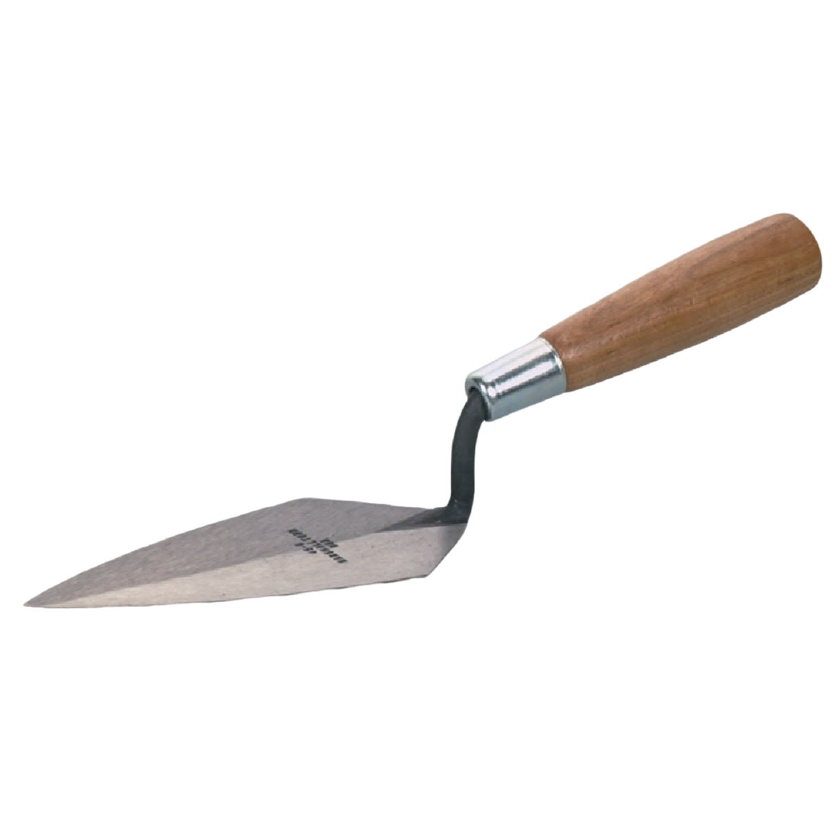 Pointing trowel with wooden handle and pointed metal blade for detailed masonry and home improvement tasks