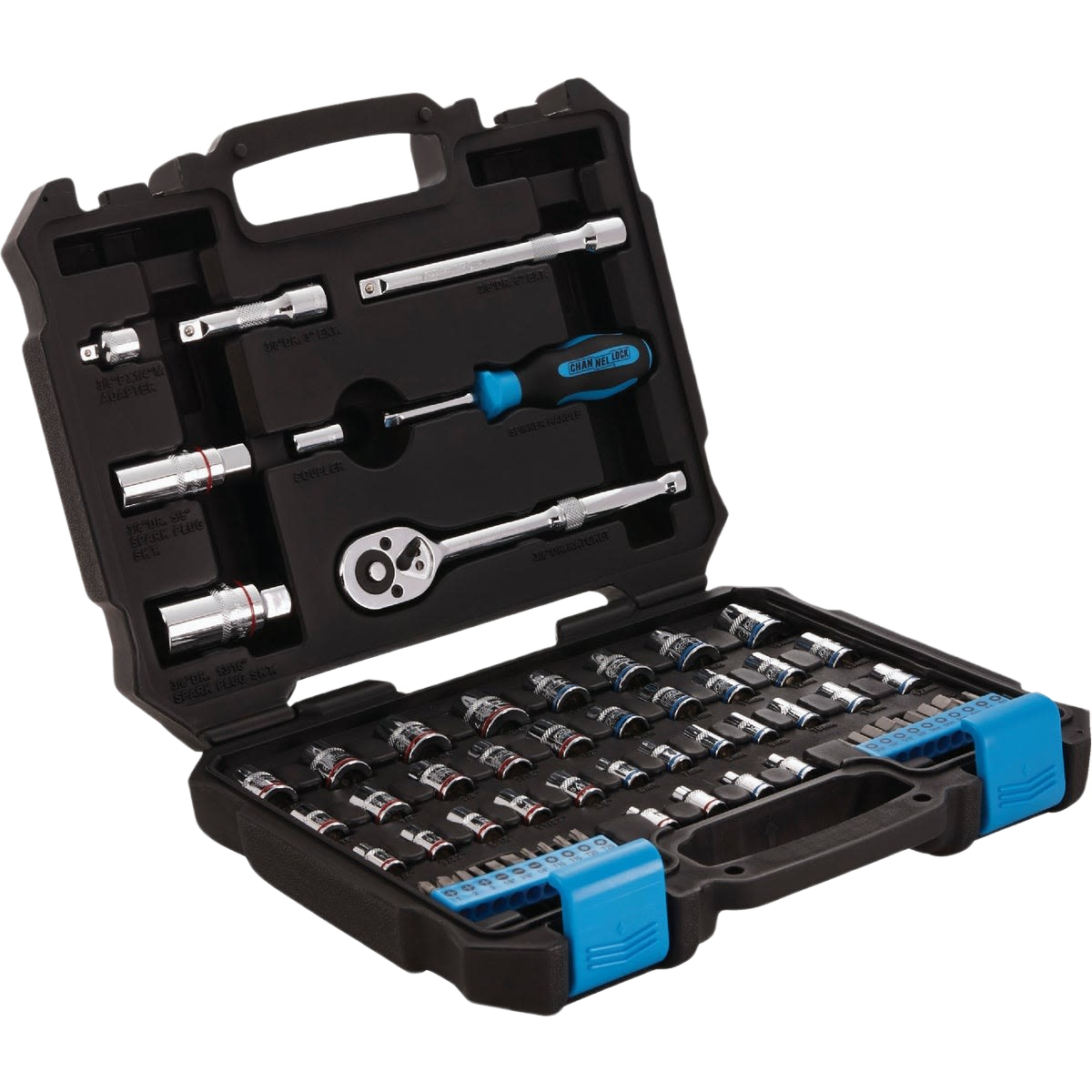 63-piece combo socket set with SAE and metric sockets, ratchet, and handle in hard plastic case for hand tool collections