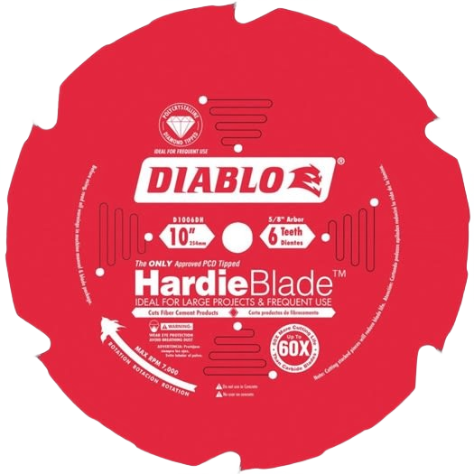 Red 10-inch circular saw blade with six teeth designed for fiber cement cutting in home improvement projects