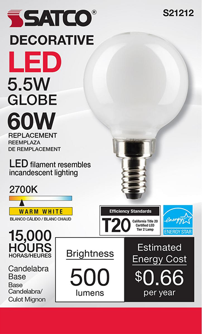 White globe LED bulb with candelabra base designed for energy-efficient home lighting and 500 lumens brightness