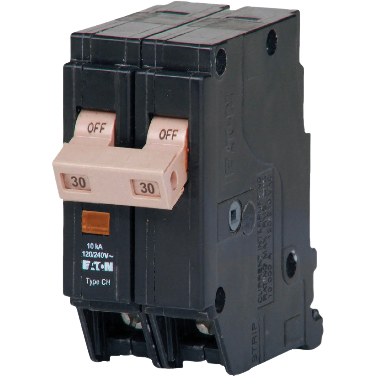 Black double-pole circuit breaker with beige switches marked 30A for home improvement electrical safety tasks
