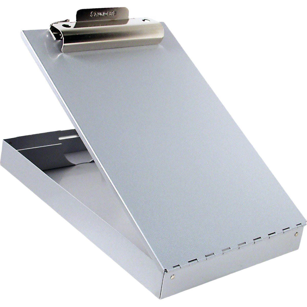 Gray aluminum clipboard storage box with hinged lid and metal clip for organizing documents in tools and home improvement tasks