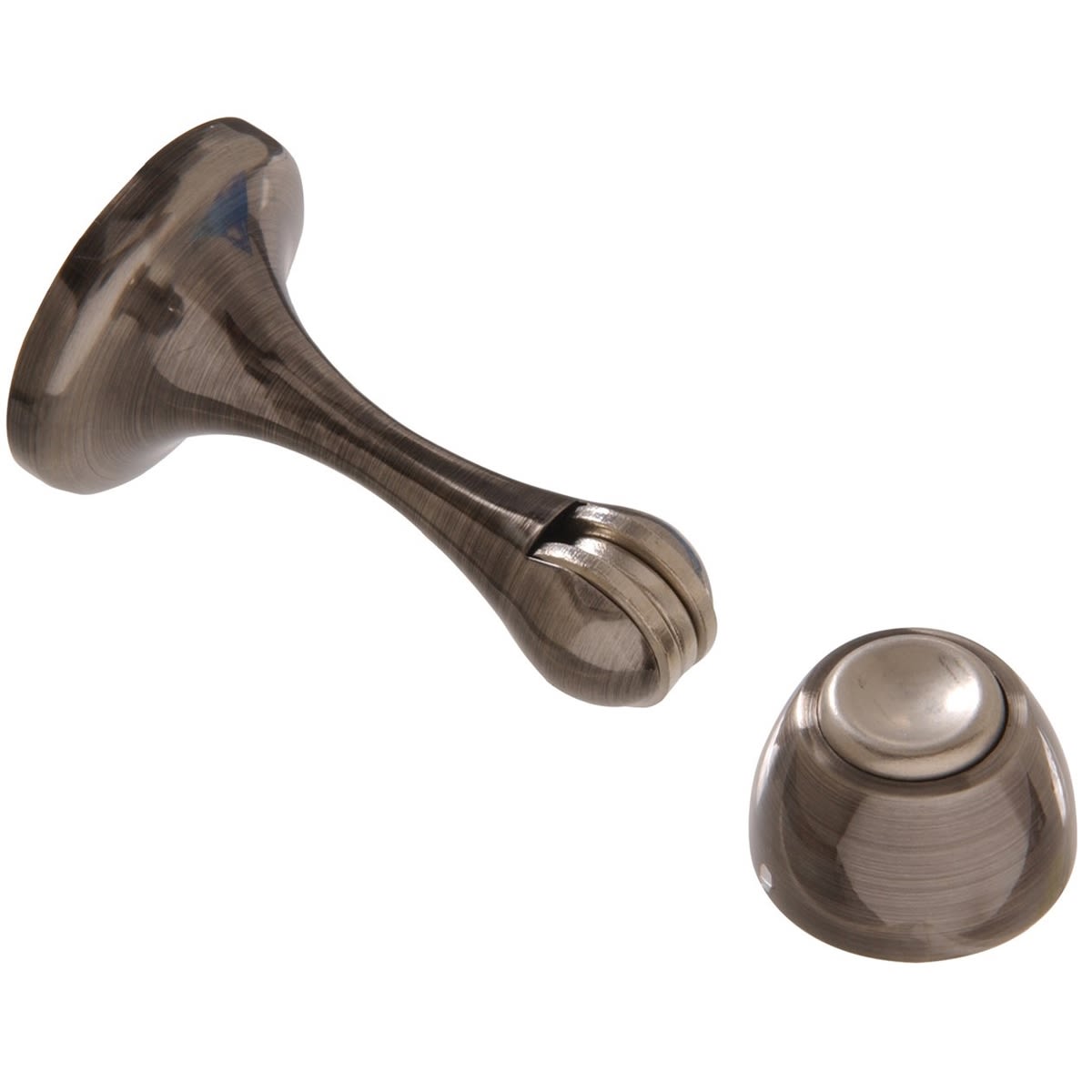 Pewter finished magnetic door stop with rounded base and angled arm for door hardware and home improvement collections