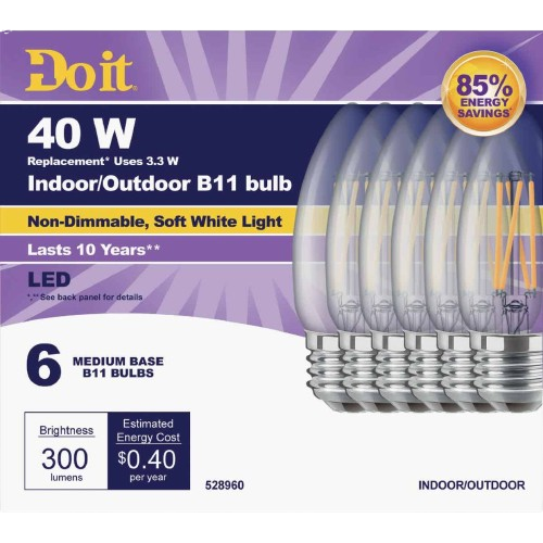 Pack of six soft white indoor/outdoor LED B11 bulbs with medium bases and energy-saving design
