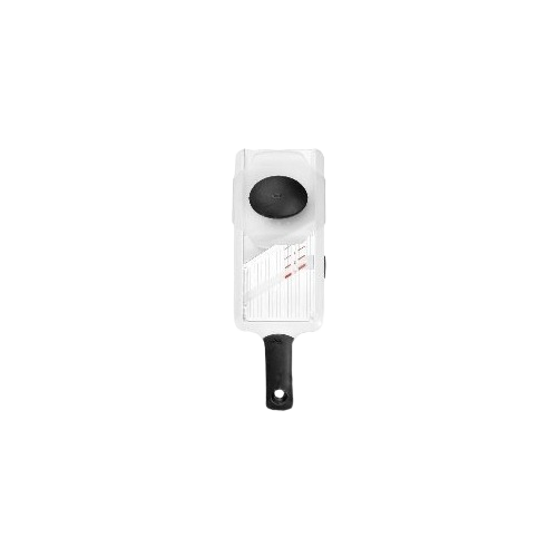 Hand held mandoline slicer with black grip for easy slicing of fruits and vegetables in kitchen gadgets and tools collections