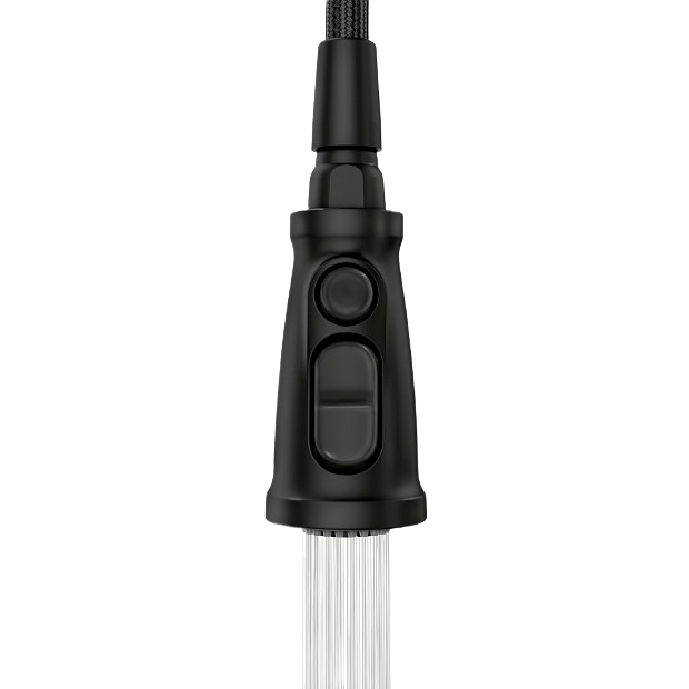 Matte black pulldown faucet sprayer head with control buttons for kitchen sink in home improvement collections