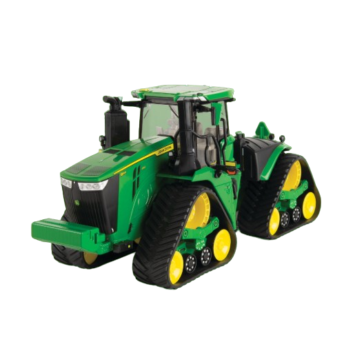 Green and yellow toy tractor with dual tracks designed for collectors and model enthusiasts