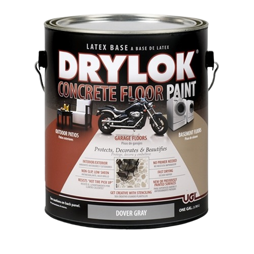 Can of Dover Gray latex base concrete floor paint for garage, basement, and outdoor patios in home improvement collections