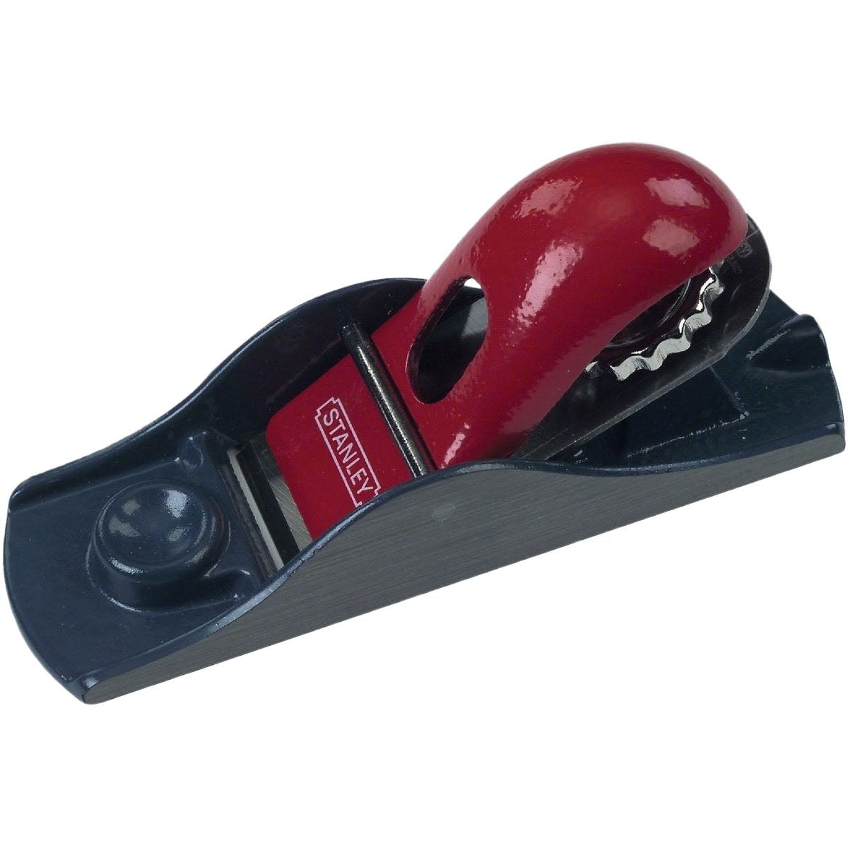 Metal hand plane with red handle and adjustable blade for woodworking and home improvement tasks