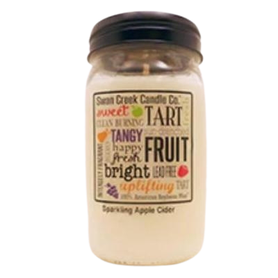 Glass jar candle with black lid featuring colorful text label and creamy white wax inside for home fragrance use