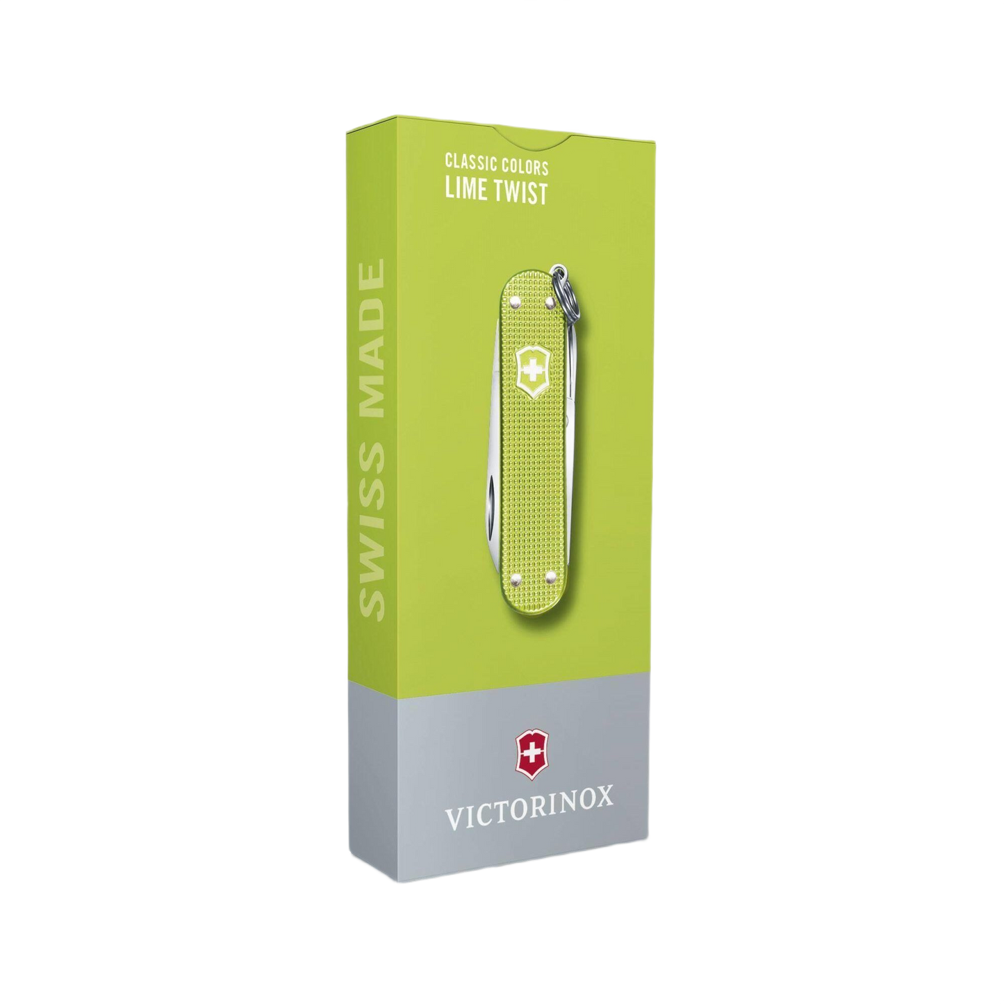 Slim lime green Swiss Army pocket knife packaging with multi-tool for cutting and woodworking hand tools under $50