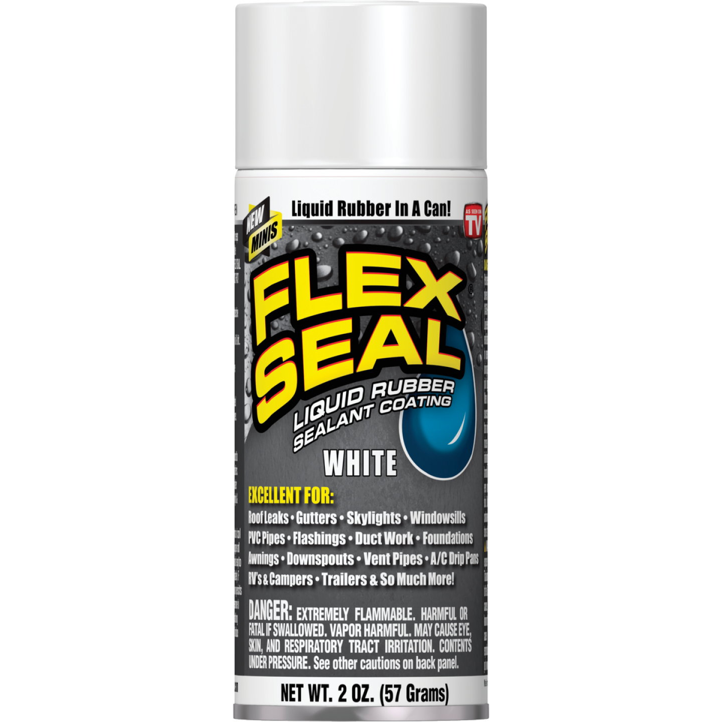 White liquid rubber sealant spray can for sealing leaks and home improvement projects.