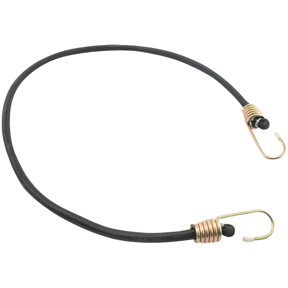 Heavy-duty black bungee cord with metal hooks and protective caps for securing items in home improvement tasks