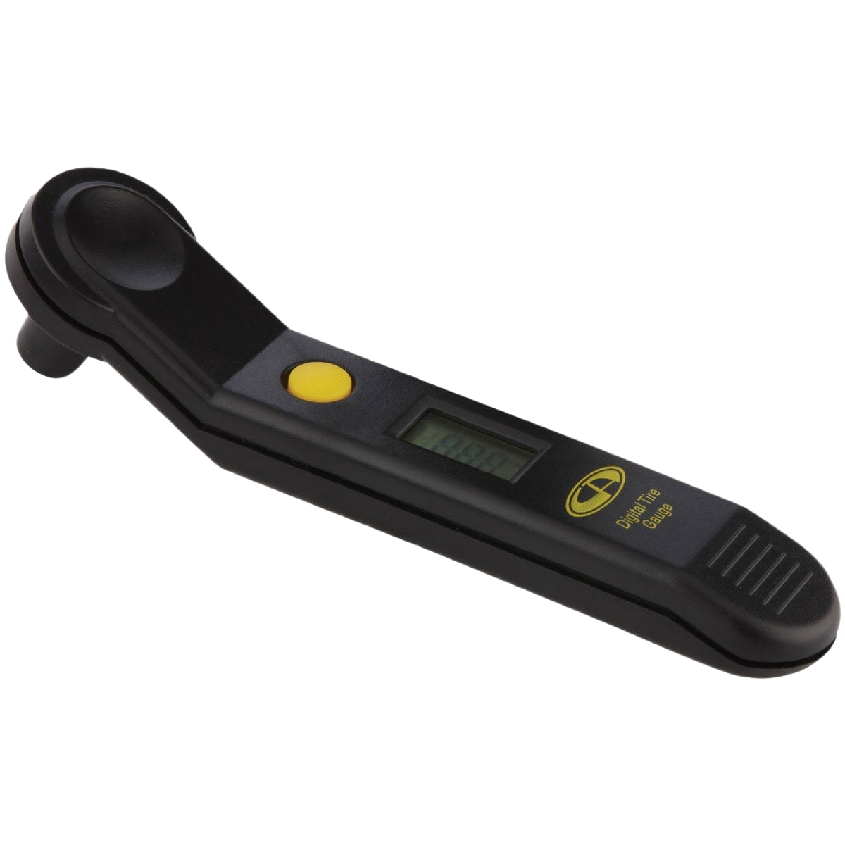 Black digital tire gauge with yellow button for quick pressure readings in tools and parts under $50 collection