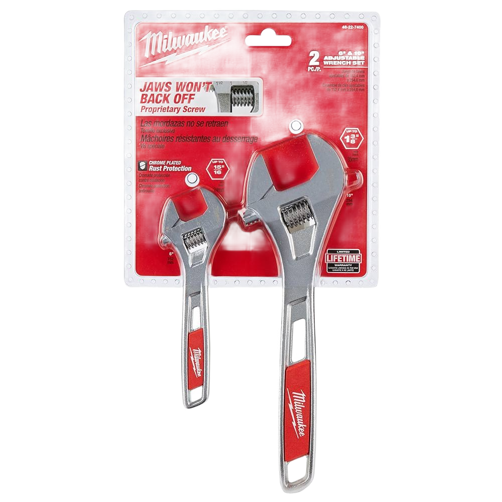 Set of two chrome adjustable wrenches with red grips for tools and home improvement tasks