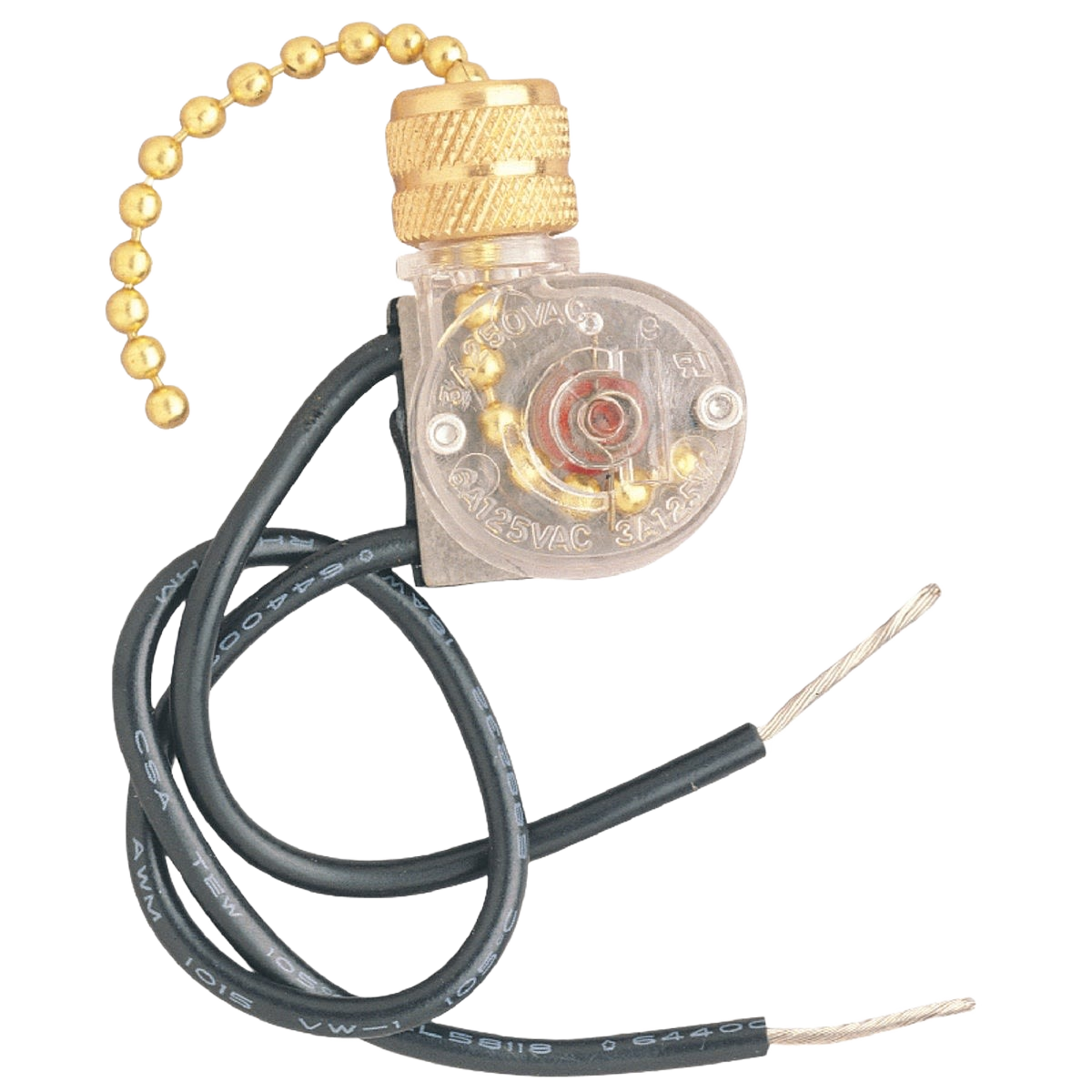 Pull chain ceiling fan light switch with transparent housing, brass chain, and black electrical wires for home improvement electrical use