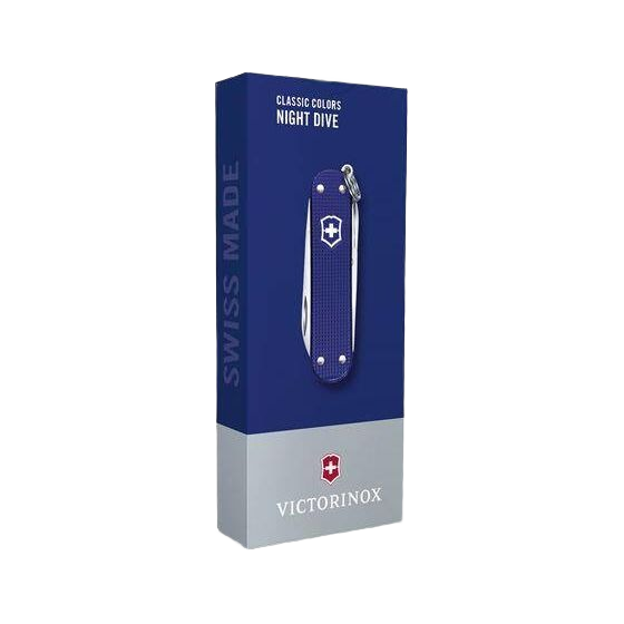 Blue textured Swiss Army pocket knife with durable metal scales and keyring, packaged for tools and home improvement use