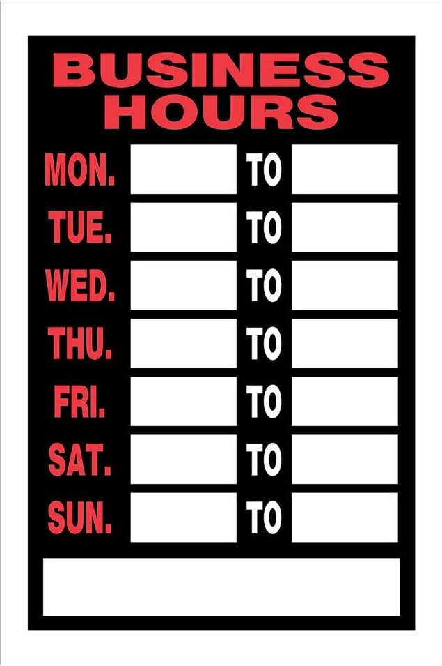 Red and white plastic business hours sign with day-by-day time slots, part of Hillman hardware and signage collection.