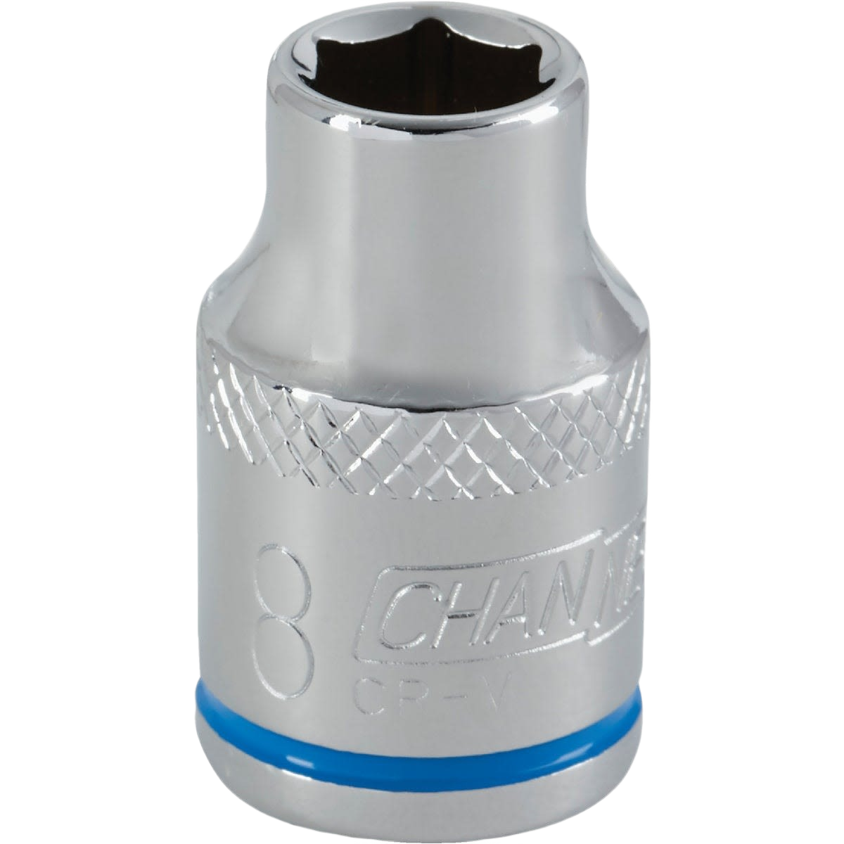 Chrome 8mm 6-point shallow socket with blue identification band for hand tool and woodworking tool collections
