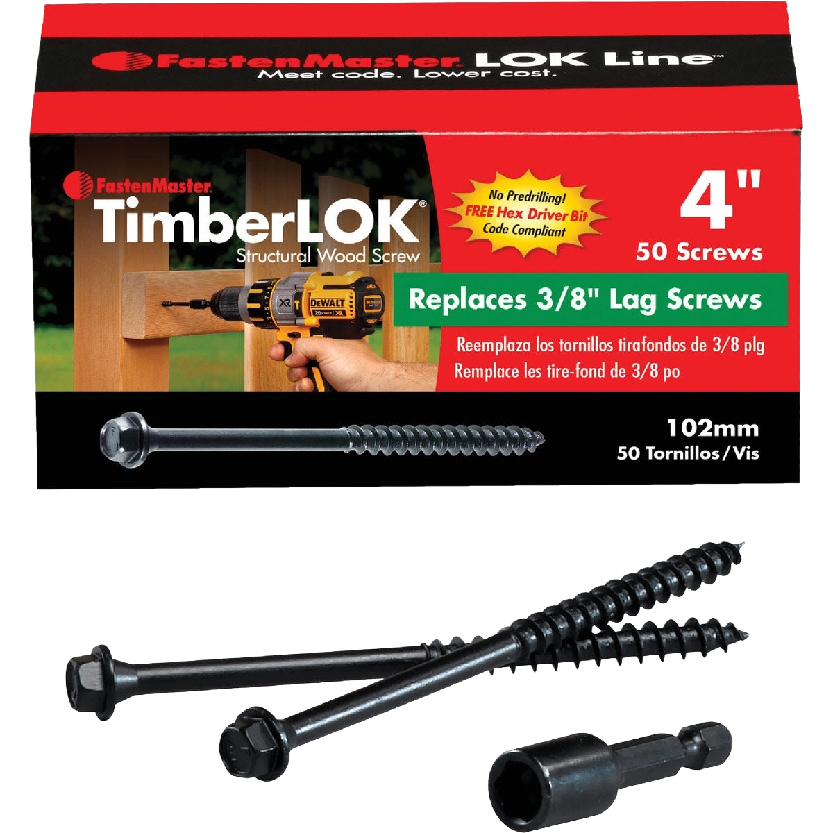 Box of black 4-inch structural wood screws with hex head and included hex driver bit for fastening applications
