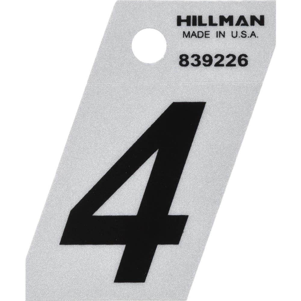 Black and silver adhesive house number 4 with angled cut for outdoor home improvement and tool projects