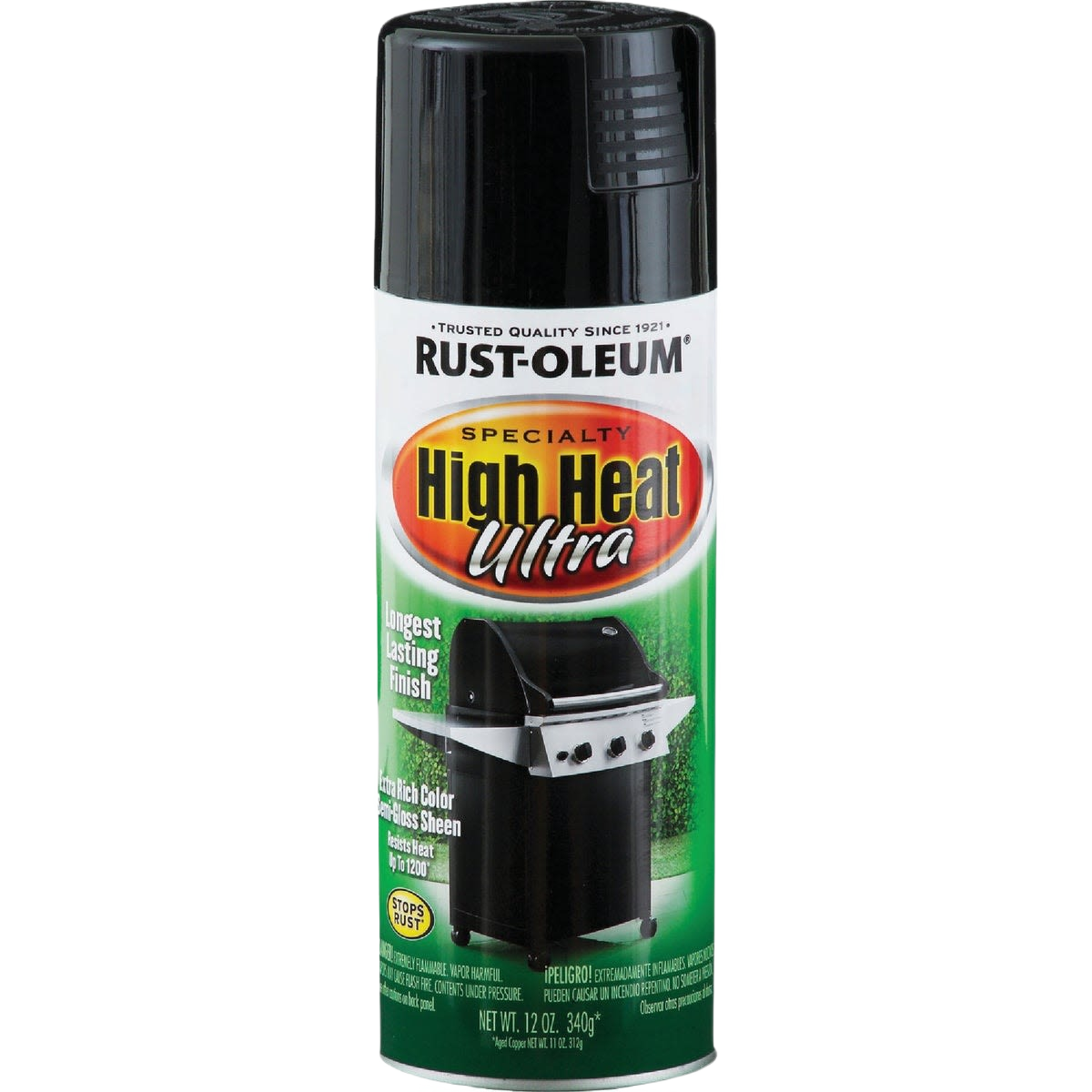 Rust-Oleum black high heat spray paint with semi-gloss finish for metal surfaces in specialty paint collections