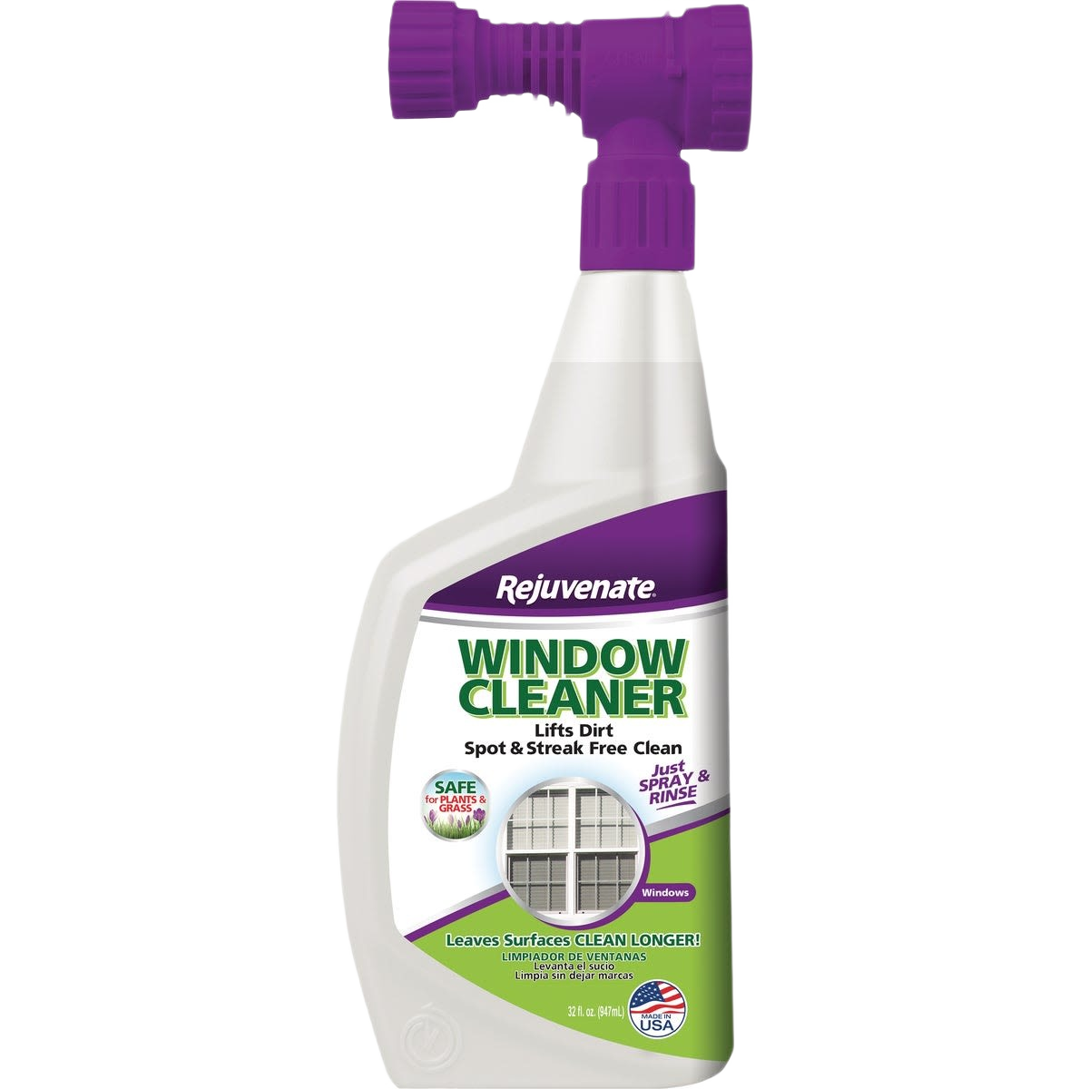 White spray bottle with purple nozzle labeled for streak-free window cleaning in outdoor cleaning supplies collection