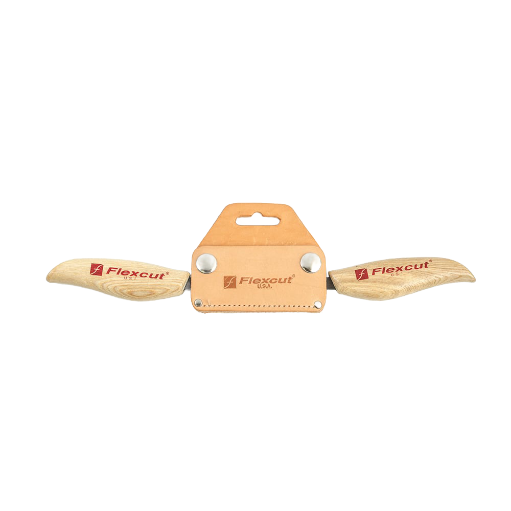 Woodworking flexible draw knife with natural wood handles and tan leather belt sheath from tools under $50 collection