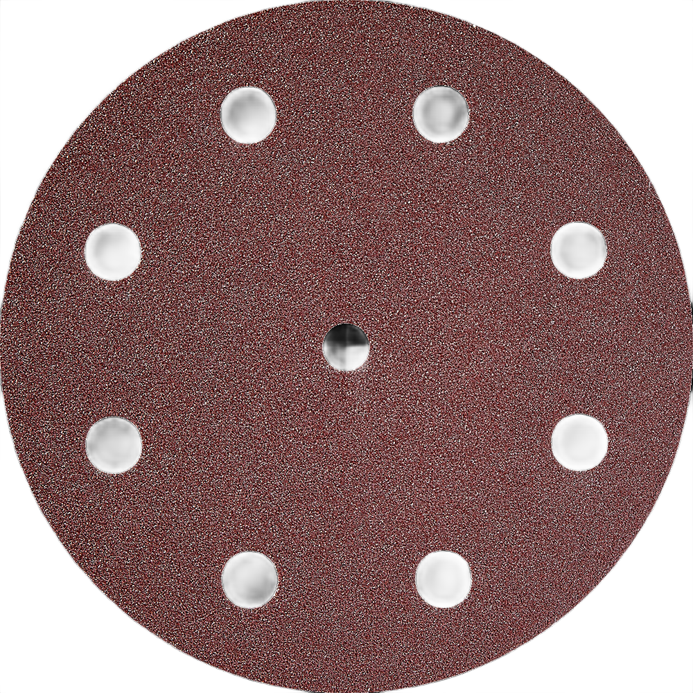 Round brown abrasive disc with eight holes for dust extraction in sanding and grinding tool accessories collection