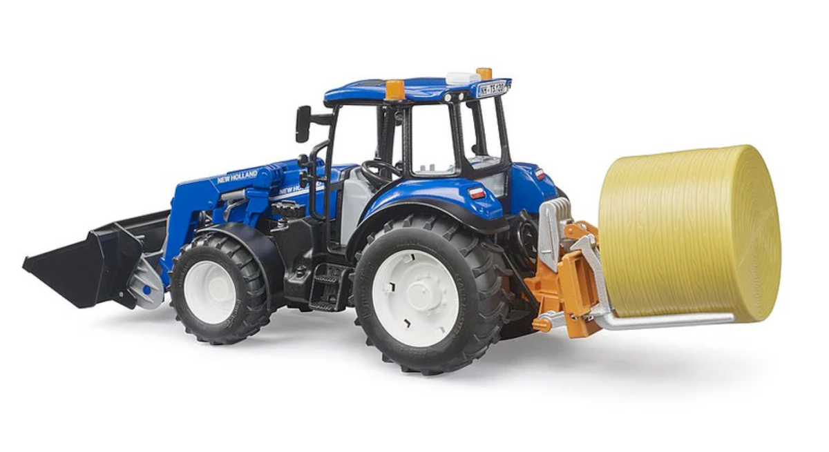 Bruder 09861 New Holland T5.120 with Front Loader, Load Box, Forks and Round Bale