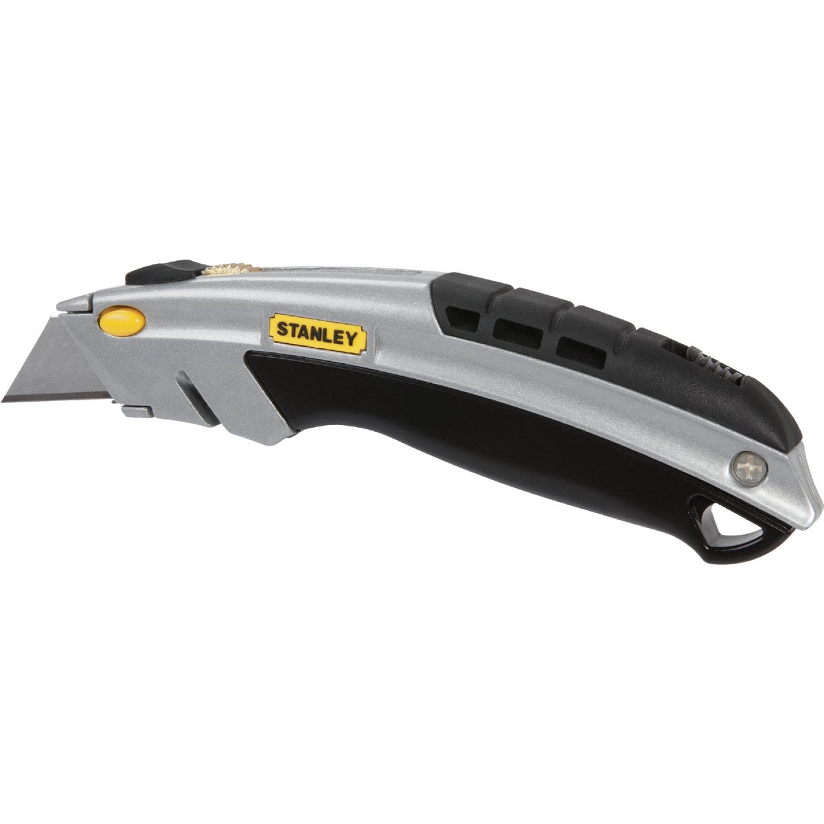 Steel and black utility knife with quick blade change button, designed for woodworking and cutting tools collections