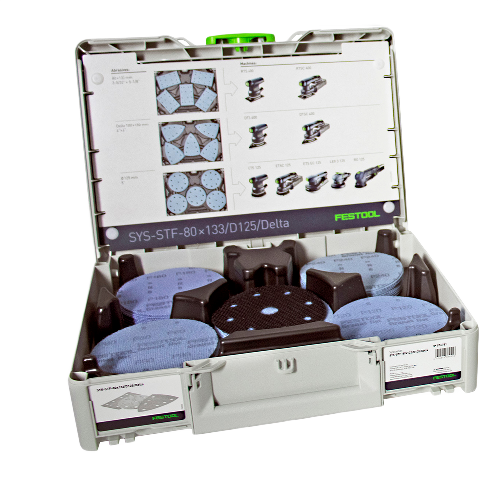 Organized set of Festool sanding and abrasive sheets in a durable case for power tool and home improvement use