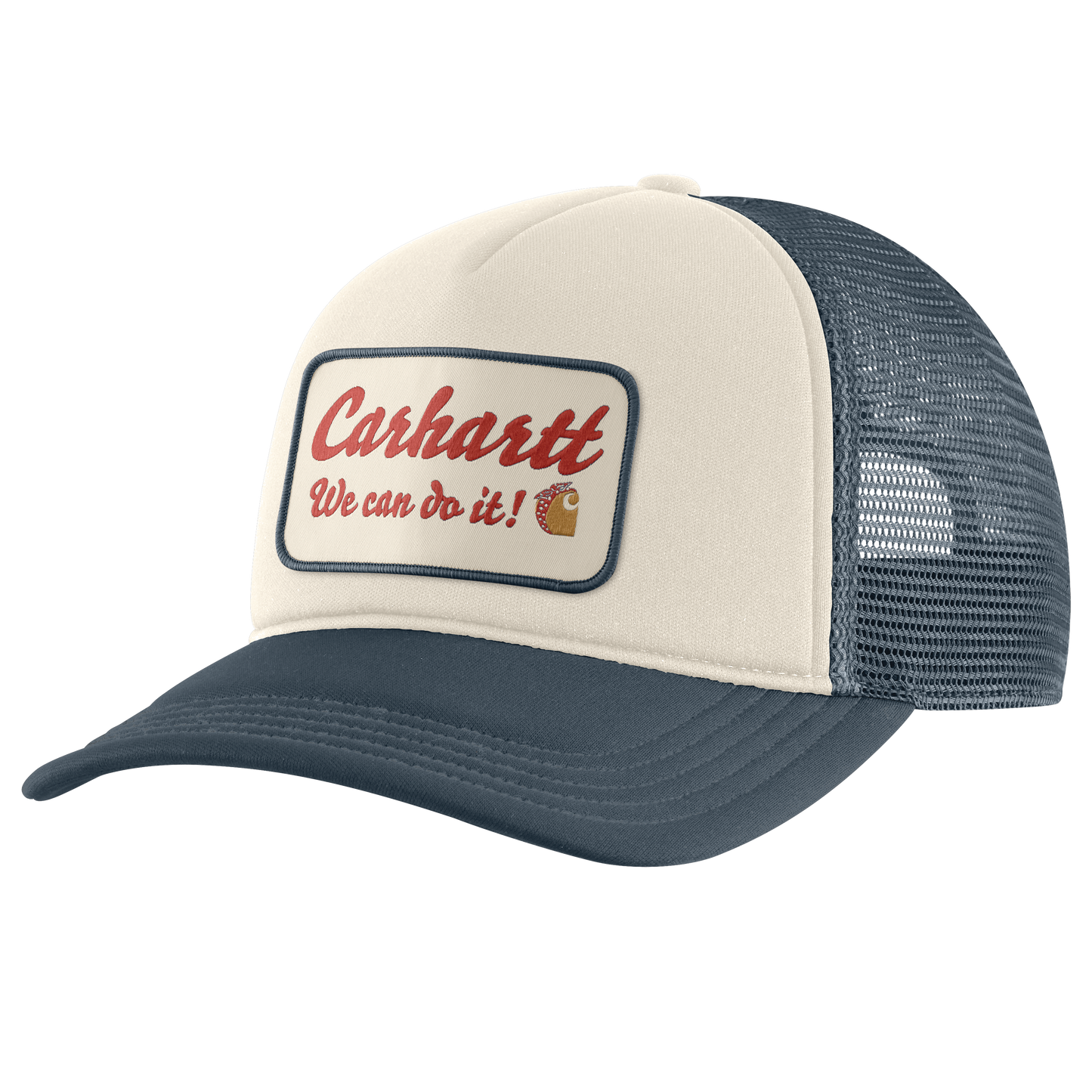 Cream front panel and navy mesh back trucker hat with curved brim, embroidered patch logo, and breathable polyester jersey for casual wear.