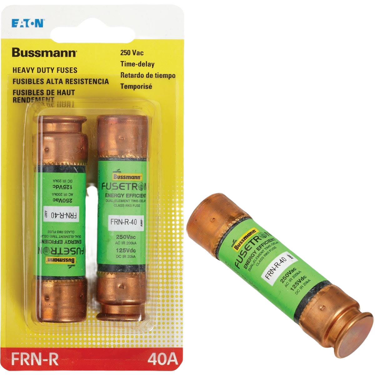 Two-pack of Bussmann heavy duty 40A FRN-R cartridge fuses for tools and home improvement use