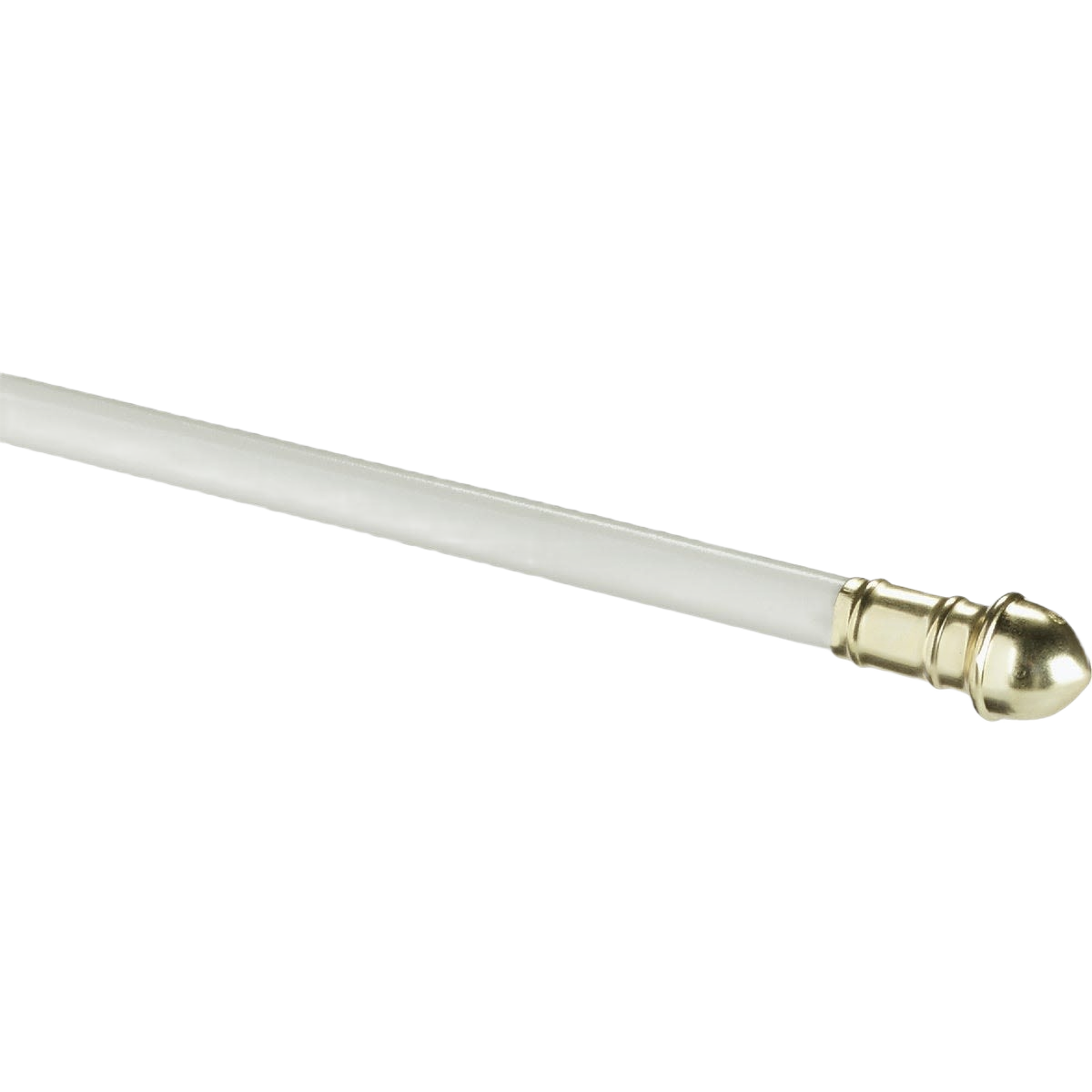 White metal cafe rod with polished brass decorative end cap for window treatments and home improvement projects