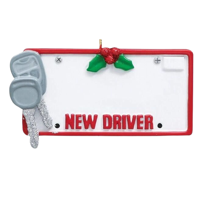 License plate shaped Christmas ornament with keys and holly reading New Driver for festive tree decor under $50