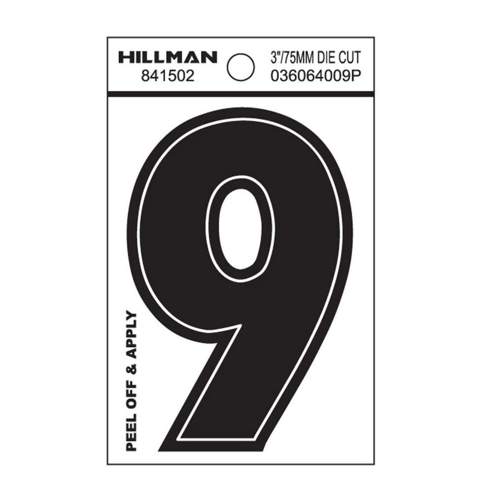 Black adhesive house number 9 with peel-and-stick backing for home improvement and outdoor use