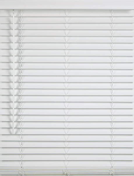 White cordless faux wood blinds with 2-inch slats, designed for easy light control in home improvement projects